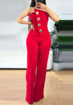 Fashionable women's solid color strapless button jumpsuit Fashionable women's solid color strapless button jumpsuit