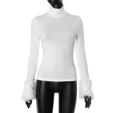 Women fur sleeves Patchwork half-high collar long sleeve Top