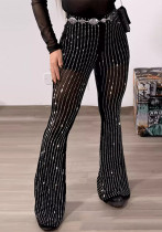 Women's black sexy See-Through Mesh Beaded high waist Tight Fitting Bell Bottom pants