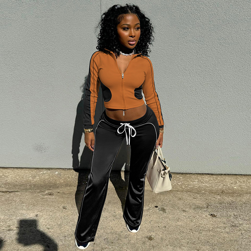 Women's autumn and winter contrast color zipper top elastic high waist trousers two piece set