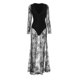 Women V Neck lace patchwork sexy maxi dress