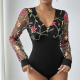 Women's Black Mesh Patchwork Long Sleeve Bodysuit