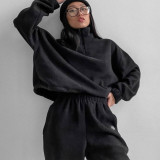 Women Casual zipper Stand Collar Hoodies and Pants two-piece suit