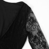 Women V Neck lace patchwork sexy maxi dress