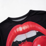Women's autumn and winter See-Through mesh print long sleeve Crop top t-shirt