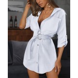 Women Solid V-Neck Shirt Dress