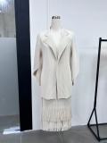 Plus Size Women Turndown Collar pleated Top and tassel Skirt two-piece set