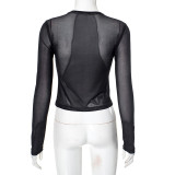 Women's autumn and winter See-Through mesh print long sleeve Crop top t-shirt