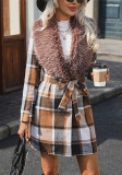 Women Contrast Plaid Patchwork fleece Turndown Collar Loose belt Slim Waist Chic Long Coat