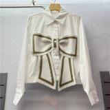 Women long-sleeved Patchwork Knitting shirt bow shirt