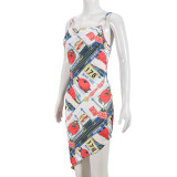 Women Printed Backless Irregular Strap Dress