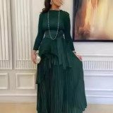 Women Solid irregular lace pleated Top and Skirt two-piece set