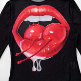 Women's autumn and winter See-Through mesh print long sleeve Crop top t-shirt