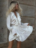 Women's Autumn Bell Bottom Sleeve V-neck Short Chiffon Dress