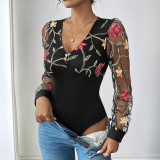 Women's Black Mesh Patchwork Long Sleeve Bodysuit