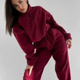Women Casual zipper Stand Collar Hoodies and Pants two-piece suit
