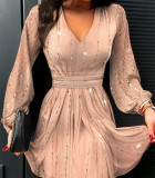 Women Red V Neck Lantern Sleeve Dress