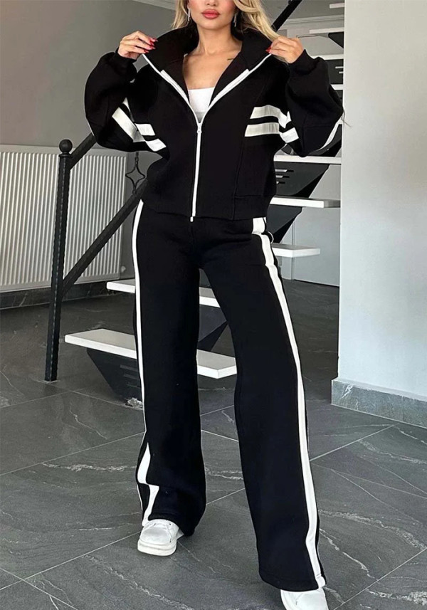 Women Striped Zipper Top and Pants Casual Sports Two-piece Set
