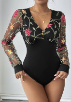 Women's Black Mesh Patchwork Long Sleeve Bodysuit