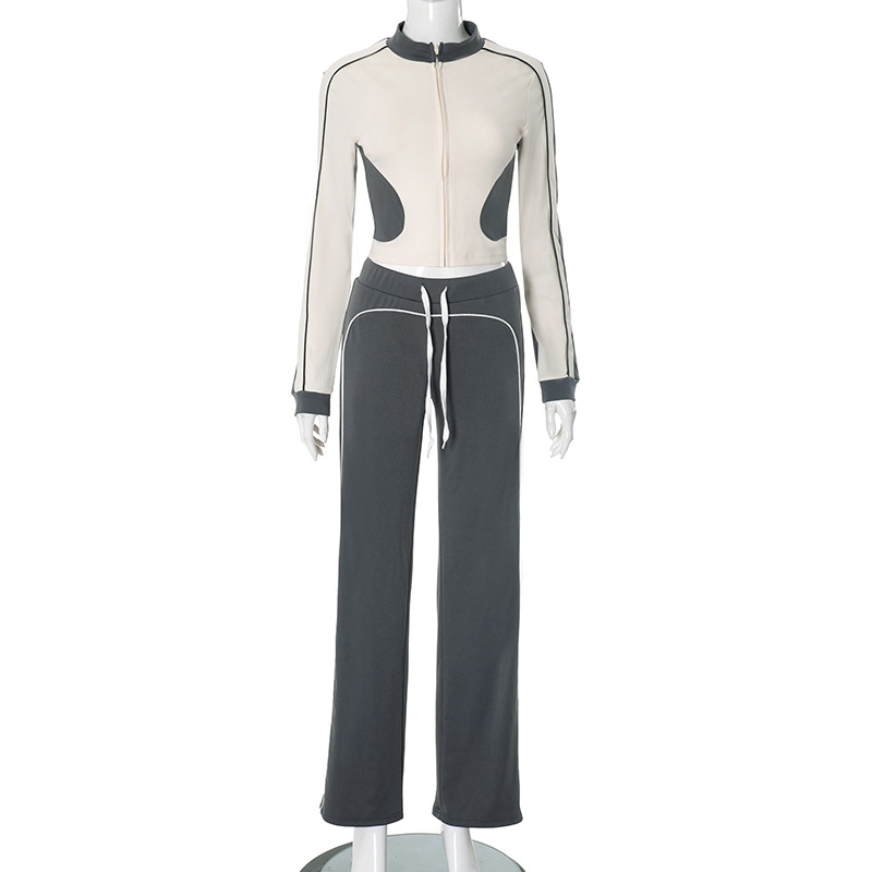 Women's autumn and winter contrast color zipper top elastic high waist trousers two piece set