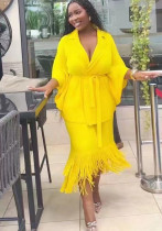 Plus Size Women Turndown Collar pleated Top and tassel Skirt two-piece set Plus Size Women Turndown Collar pleated Top and tassel Skirt two-piece set