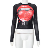 Women's autumn and winter See-Through mesh print long sleeve Crop top t-shirt