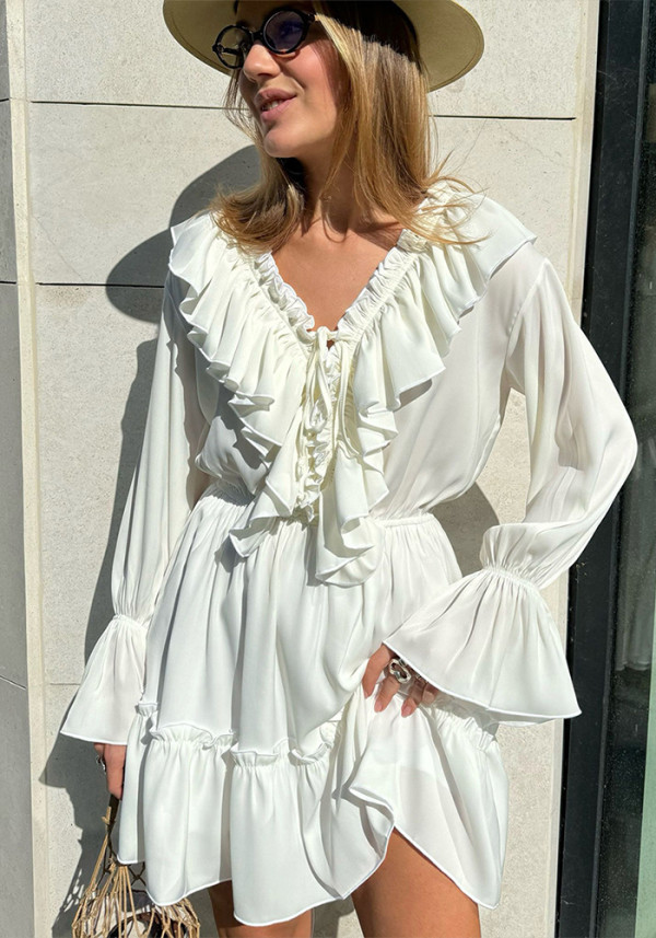 Women's Autumn Bell Bottom Sleeve V-neck Short Chiffon Dress