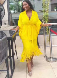 Plus Size Women Turndown Collar pleated Top and tassel Skirt two-piece set