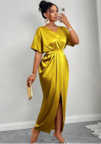 Women's Spring Chic Elegant V-neck Short Sleeve High Waist Slit Long dress Women's Spring Chic Elegant V-neck Short Sleeve High Waist Slit Long dress