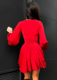 Women Red V Neck Lantern Sleeve Dress
