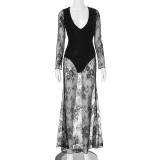 Women V Neck lace patchwork sexy maxi dress