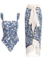 Women French Retro Printed Bikini One-Piece Swimsuit Holidays Beach Dress Two-Piece Set