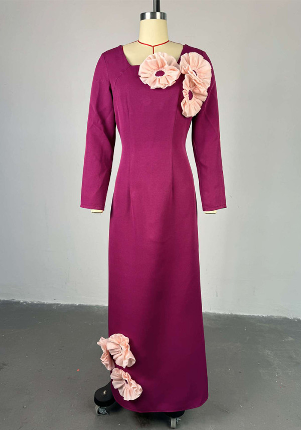 Women's Spring Chic Elegant Square Neck Flower High Waist Slim Fit long Dress