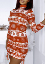 Women's velvet Christmas print high collar long sleeve side dtrawstring Bodycon dress