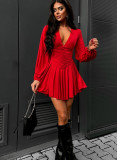 Women Red V Neck Lantern Sleeve Dress
