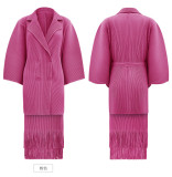 Plus Size Women Turndown Collar pleated Top and tassel Skirt two-piece set