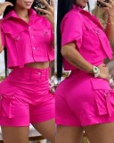 Women Solid Pocket Turndown Collar Short Sleeve Top and Shorts Two-Piece Set
