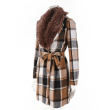 Women Contrast Plaid Patchwork fleece Turndown Collar Loose belt Slim Waist Chic Long Coat