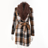 Women Contrast Plaid Patchwork fleece Turndown Collar Loose belt Slim Waist Chic Long Coat