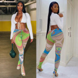 Sexy Solid Color Lace-Up Top Printed Tight slim pants two piece set