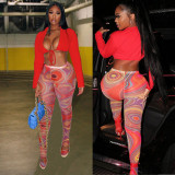 Sexy Solid Color Lace-Up Top Printed Tight slim pants two piece set