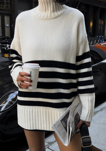 Women autumn and winter black and white striped high collar knitting sweater
