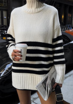 Women autumn and winter black and white striped high collar knitting sweater Women autumn and winter black and white striped high collar knitting sweater
