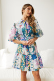 Printed Bohemian lantern short sleeve belt single-breasted a-line dress