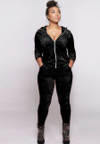 Women Fall and Winter Casual Velvet Hooded Zippered Top Long Pants Two-piece Set