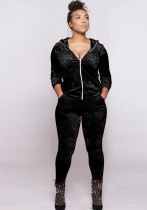 Women Fall and Winter Casual Velvet Hooded Zippered Top Long Pants Two-piece Set Women Fall and Winter Casual Velvet Hooded Zippered Top Long Pants Two-piece Set
