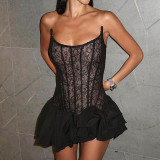 Women Fishbone Slim Waist Lace Strapless Dress