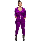 Women Fall and Winter Casual Velvet Hooded Zippered Top Long Pants Two-piece Set