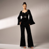Women long sleeve square neck Bodycon Formal Party sequined Jumpsuit