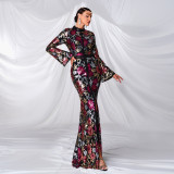Women long sleeve Round Neck Formal Party sequined fishtail evening dress